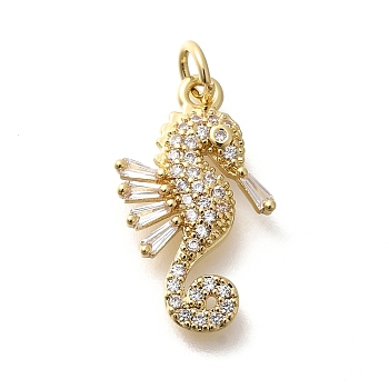 Rack Plating Brass Micro Pave Cubic Zirconia Pendants, Cadmium Free & Lead Free, Long-Lasting Plated, Seahorse Charms, with Jump Ring, Real 18K Gold Plated, 20.5x12x3mm, jump ring: 5x1mm, inner diameter: 3.5mm