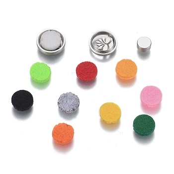 304 Stainless Steel Diffuser Locket Clips, with Perfume Pad, Magnet and Aroma Box, Flat Round with Lotus, Mixed Color, 12x4.5mm