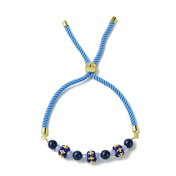 6mm Round Dyed Natural Lapis Lazuli Bead Slider Bracelets, Adjustable Glass Seed Bead Stackable Bracelets for Women, Inner Diameter: 2-5/8~3-3/8 inch(6.7~8.5cm)