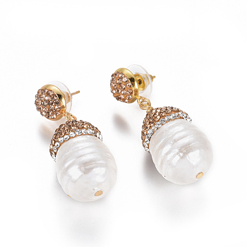 Natural Pearl Dangle Stud Earrings, with Polymer Clay Rhinestone and Brass Findings, Brass Ear Nuts, Earring Backs, with Plastic, Teardrop, White, Golden, 41mm, Pin: 0.7mm
