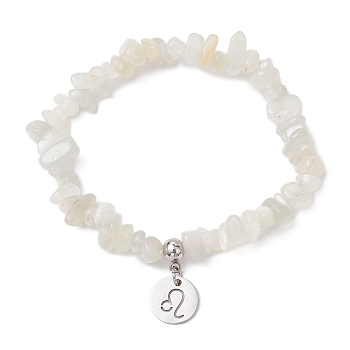 Natural Moonstone Chip Beaded Stretch Bracelets, 304 Stainless Steel Lion Charm Bracelets for Women, Inner Diameter: 1-7/8~2-1/4 inch(4.8~5.7cm)