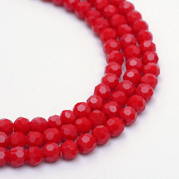 Opaque Solid Glass Bead Strands, Faceted(32 Facets) Round, Red, 6mm, Hole: 1mm, about 94~97pcs/strand, 53~54cm