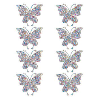 8Pcs Rhinestone Hot Melt Adhesive On The Back Appliques, Butterfly, 62x72x1.5mm