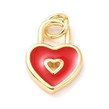Brass Enamel Pendants, Cadmium Free & Lead Free, Long-Lasting Plated, Heart Lock, Real 18K Gold Plated, Red, 13x9x1.5mm, Hole: 4.5mm