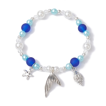 ABS Plastic Imitation Pearl Beaded Stretch Bracelet, with Alloy Charms, Starfish, Inner Diameter: 2-3/8 inch(6cm)