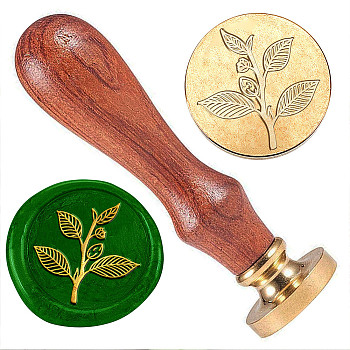 Golden Plated Brass Sealing Wax Stamp Head, with Wood Handle, for Envelopes Invitations, Gift Cards, Leaf, 83x22mm, Head: 7.5mm, Stamps: 25x14.5mm