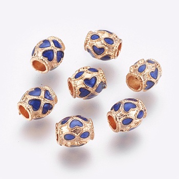 Alloy Enamel Beads, Barrel with Heart Pattern, Golden, Blue, 8x7mm, Hole: 3.5mm