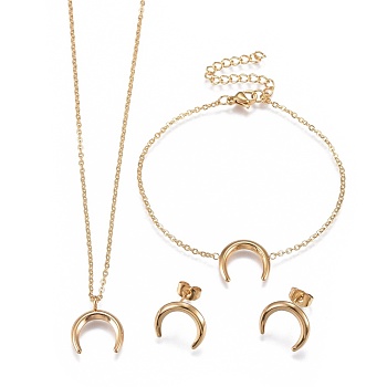 304 Stainless Steel Jewelry Sets, Bracelets, Necklaces and Earrings, Crescent Moon/Double Horn, Golden, 17.7 inch(45.1cm), 1mm, 6-7/8 inch(17.5cm), 1mm, 14x14.5x2.5mm, Pin: 0.9mm