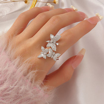 Brass Micro Pave Cubic Zirconia Cuff Rings for Women, Butterfly, Silver, Clear, Inner Diameter: 18mm