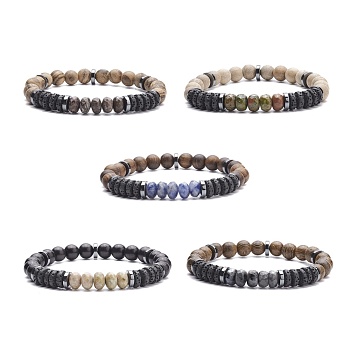 Natural Wood & Synthetic Hematite Stretch Bracelet with Gemstone, Yoga Jewelry for Women, Inner Diameter: 2-1/4 inch(5.6cm)