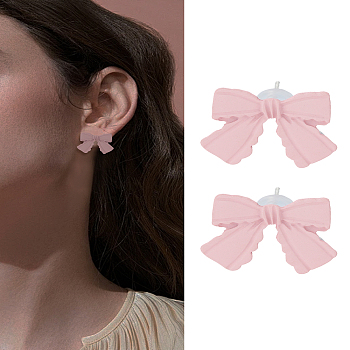 1Pair Alloy Bowknot Stud Earrings, Platinum, Pink, 16x20.5mm