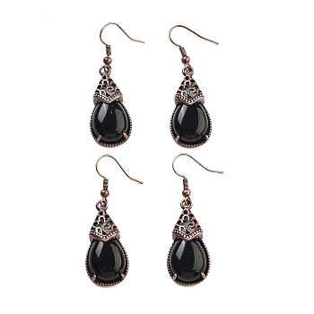Natural Obsidian Teardrop Dangle Earrings, Red Copper Plated Brass Earrings for Women, 48x15mm