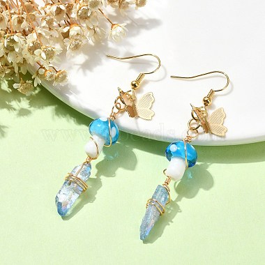 4 Pairs 4 Color Dyed Natural Quartz Crystal Nugget & Mushroom Lampwork Dangle Earrings(EJEW-TA00335)-4