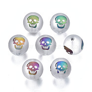 Electroplate Glass Beads, Frosted, Round with Skull Pattern, Colorful, 10mm, Hole: 1.5mm, about 200pcs/bag(EGLA-T009-26F)