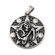 304 Stainless Steel Pendants, Flat Round Charm, Antique Silver, Skeleton, 38.5x34x5.5mm, Hole: 8x4mm(STAS-Q339-01A-AS)