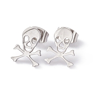 304 Stainless Steel Tiny Hollow Out Skull Stud Earrings for Women, Stainless Steel Color, 11x8.5mm, Pin: 0.6mm(STAS-A065-07P)