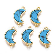 Brass Connector Charms, with Synthetic Turquoise, Cadmium Free & Nickel Free & Lead Free, Real 18K Gold Plated, Moon, Deep Sky Blue, 18x10x3mm, Hole: 1.2mm(KK-N233-170B-01C)