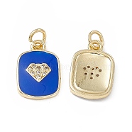Brass Micro Pave Cubic Zirconia Charms, Enamel Style, Real 18K Gold Plated, Rectangle with Diamond Pattern Charm, with Jump Ring, Blue, 16x11x2mm, Hole: 3.3mm(KK-E068-VB442-1)