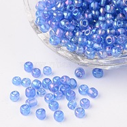 6/0 Transparent Rainbow Colours Round Glass Seed Beads, Cornflower Blue, Size: about 4mm in diameter, hole:1.5mm, about 495pcs/50g(X-SEED-A007-4mm-166)