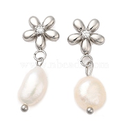 304 Stainless Steel Flower Dangle Stud Earings with Rhinestone, Natural Pearl Dorp Earrings, Stainless Steel Color, 23x10mm(EJEW-M224-02P)
