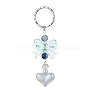 Acrylic Heart with Bowknot Keychains, with Glass Beads and Iron Keychain Clasp, Light Blue, 9.4cm(KEYC-JKC00612-05)