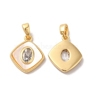 Brass Cubic Zirconia Pendants, with Shell, Rhombus with Oval Pattern, Real 18K Gold Plated, 16x13.5x2.6mm, Hole: 2x3.4mm(KK-M243-38G)