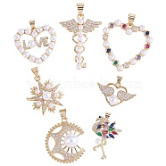 7Pcs 7 Styles Rack Plating Brass Micro Pave Cubic Zirconia Pendants, with Acrylic Bead, Long-Lasting Plated, Cadmium Free & Lead Free, Mixed Shapes, Mixed Color, Real 18K Gold Plated, 16~28x19~27x4~10mm, Hole: 4x3mm, 1pc/style(ZIRC-SZ0004-86)
