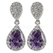 Rack Plating Brass Micro Pave Cubic Zirconia Dangle Stud Earrings, Teardrop, Purple, 24x10mm(EJEW-I304-18P-01)