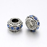 Antique Silver Plated Alloy Rhinestone Beads, Large Hole Rondelle Beads, Light Sapphire, 11x6.5mm, Hole: 5mm(RB-J503-04AS)