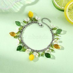 Glass & Acrylic Charm Bracelets, 304 Stainless Steel Curb Bracelets for Women, Lemon & Leaf & Flower, Colorful, 7.20 inch(18.3cm)(BJEW-JB13974)