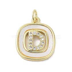 Rack Plating Brass Micro Pave Clear Cubic Zirconia Pendants, with Shell, Cadmium Free & Lead Free, Long-Lasting Plated, Real 18K Gold Plated, with Jump Ring, Letter D, 17.5x15x2.5mm, Hole: 3mm(KK-E102-33G-D)