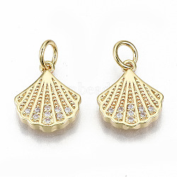 Brass Micro Pave Clear Cubic Zirconia Charms, with Jump Rings, Nickel Free, Shell Shape, Real 16K Gold Plated, 12.5x11x2.5mm, Jump Ring: 5x0.8mm, 3.4mm inner diameter(X-ZIRC-S067-182-NF)