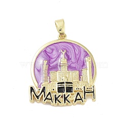Rack Plating Brass Enamel Pendants, Long-Lasting Plated, Lead Free & Cadmium Free, Real 18K Gold Plated, Flat Round with MAKKAH Charm, Violet, 30x26x3mm, Hole: 5.5x3.5mm(KK-H474-21G-03)