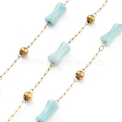 Handmade Bamboo Shape Natural Shell Beaded Chains, with Ion Plating(IP) 304 Stainless Steel Paperclip Chains, Unwelded, Real 18K Gold Plated, Real 18K Gold Plated, 2.2x1x0.5mm(CHS-P019-04G)