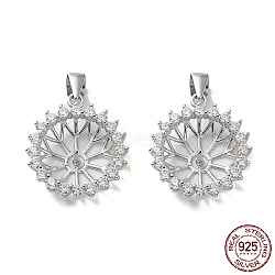 925 Sterling Silver Micro Pave Clear Cubic Zirconia Pendant Cabochon Settings, Open Back Settings, Flower, Real Platinum Plated, Tray: 9mm, 15.5x14x5mm, Hole: 3x4mm, Pin: 0.8mm(STER-G036-12P)