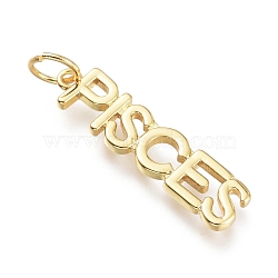 Brass Pendants, with Jump Rings, Long-Lasting Plated, Constellation/Zodiac Sign, Word, Pisces, 27.5x6.5x2mm, Hole: 4.5mm(ZIRC-I048-15G-09)