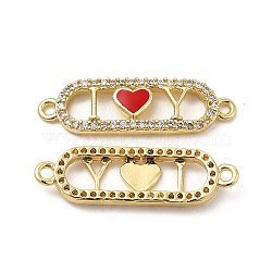 Brass Micro Pave Clear Cubic Zirconia Connetor Charms, with Enamel, Oval Links with Red Heart, Real 18K Gold Plated, 7x24.5x2.5mm, Hole: 1.4mm(KK-E068-VB404-2)