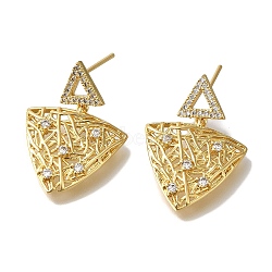 Rack Plating Brass Micro Pave Clear Cubic Zirconia Stud Earrings, Long-Lasting Plated, Triangle, Real 18K Gold Plated, 26x18mm(EJEW-U011-07G)