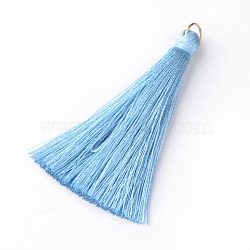 Nylon Thread Tassel Big Pendants Decoration, with Brass Findings, Golden, Sky Blue, 63~66x7mm, Hole: 7mm(FIND-Q065-A20)