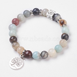 Natural Flower Amazonite Stretch Bracelets, with Alloy Pendants & Findings, Tree of Life & Om Symbol, Burlap Packing, 2-1/8 inch(5.3cm)(BJEW-JB03771-02)