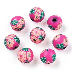 Handmade Polymer Clay Beads, Round with Flower Pattern, Camellia, 10mm, Hole: 1.5~2mm(CLAY-T020-39D)