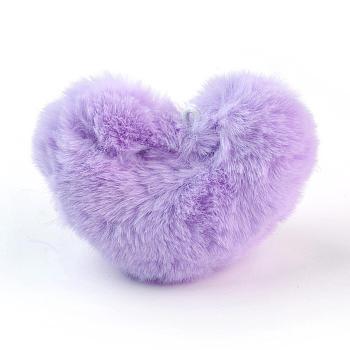 Handmade Faux Rabbit Fur Pom Pom Ball Covered Pendants, Fuzzy Bunny Hair Balls, with Elastic Fiber, Heart, Lilac, 85~90x85~110x45~55mm, Hole: 4x5mm