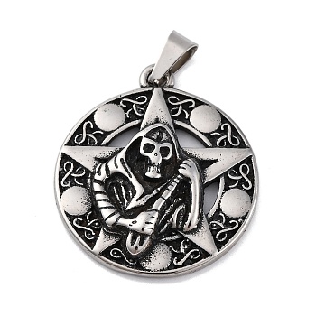 304 Stainless Steel Pendants, Flat Round Charm, Antique Silver, Skeleton, 38.5x34x5.5mm, Hole: 8x4mm