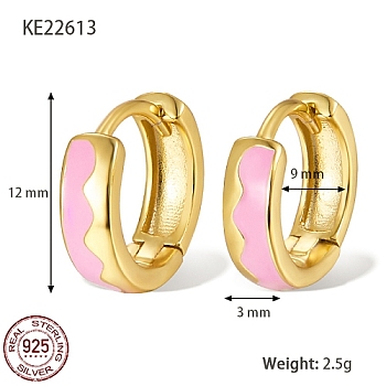 925 Sterling Silver Thick Hoop Earrings, with Enamel, for Women, Real 18K Gold Plated, Pearl Pink, 12x3mm