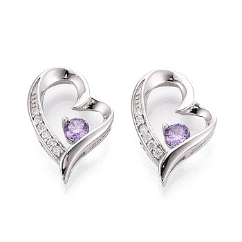 925 Sterling Silver Micro Pave Clear Cubic Zirconia Pendants, Heart Charms, Platinum, Rhodium Plated, Blue Violet, 17.5x12.5x3.5mm, Hole: 3.5~5.5x1.6~1.8mm