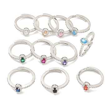 Oval Rack Plating Brass Micro Pave Cubic Zirconia Adjustable Rings for Women, Cadmium Free & Lead Free, Long-Lasting Plated, Platinum, Mixed Color, Inner Diameter: 17.8mm