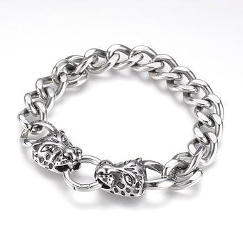 304 Stainless Steel Curb Chain Bracelets, Leopard, Antique Silver, 9 inch(230mm)