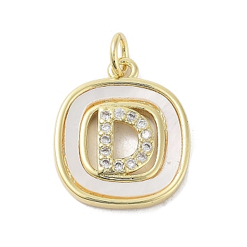 Rack Plating Brass Micro Pave Clear Cubic Zirconia Pendants, with Shell, Cadmium Free & Lead Free, Long-Lasting Plated, Real 18K Gold Plated, with Jump Ring, Letter D, 17.5x15x2.5mm, Hole: 3mm