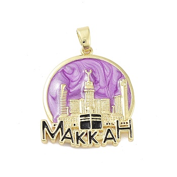 Rack Plating Brass Enamel Pendants, Long-Lasting Plated, Lead Free & Cadmium Free, Real 18K Gold Plated, Flat Round with MAKKAH Charm, Violet, 30x26x3mm, Hole: 5.5x3.5mm
