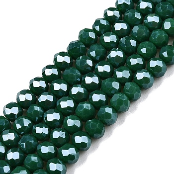 Electroplate Glass Beads Strands, Pearl Luster Plated, Faceted, Rondelle, Green, 4x3mm, Hole: 0.4mm, about 113~115pcs/strand, 41~41.5cm